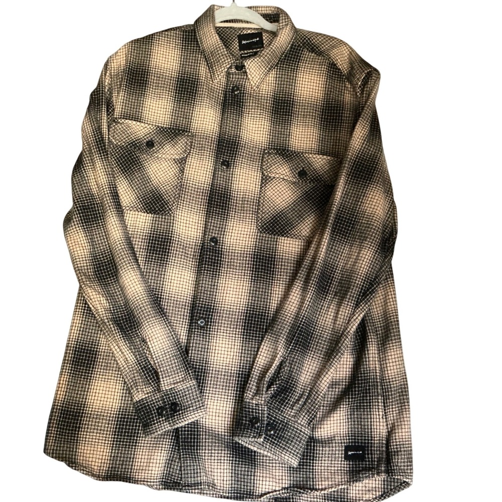 Quiksilver Mens Flannel Shirt Black‎ Beige Plaid Button Up Long Sleeve XL